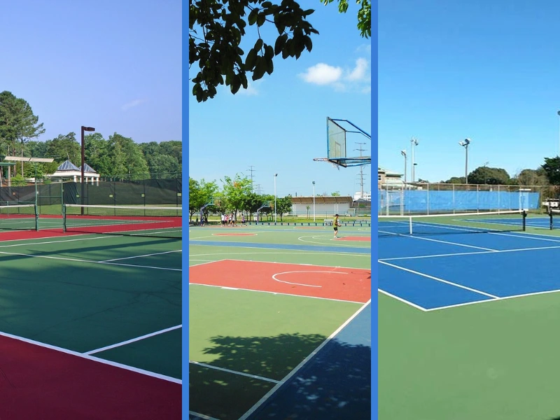 alternatives to post-tension concrete - split image of tennis, basketball, and pickleball courts
