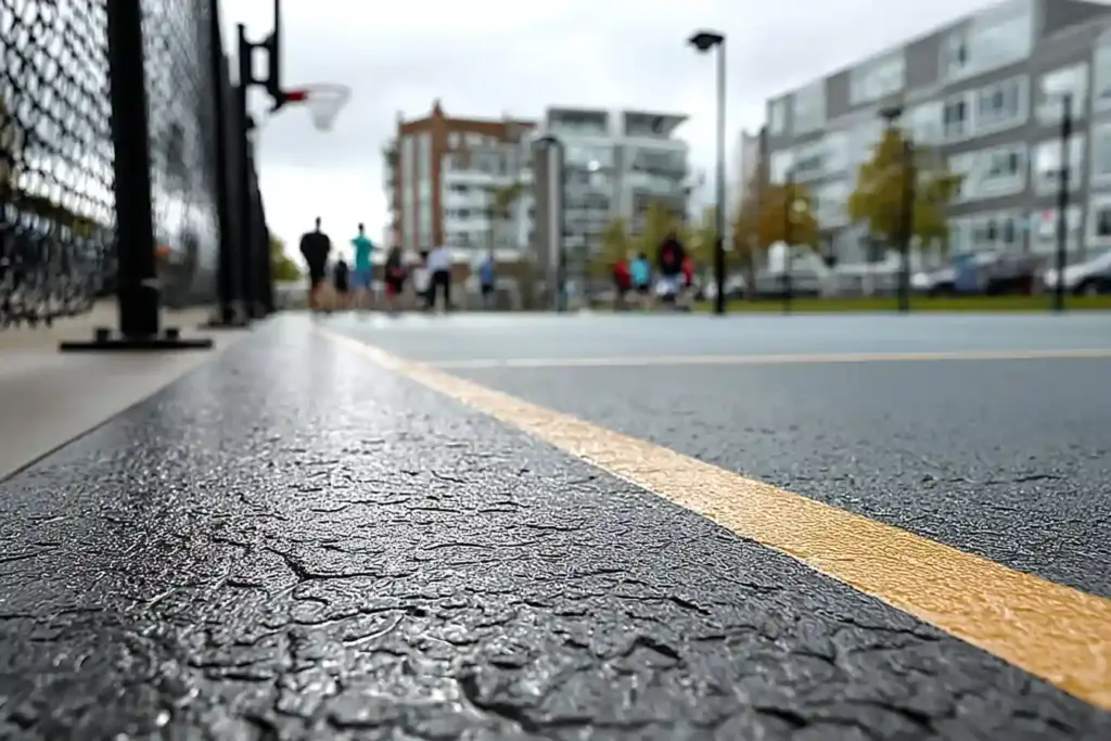 Low-angle view of a smooth, crack-free edge on an asphalt court.